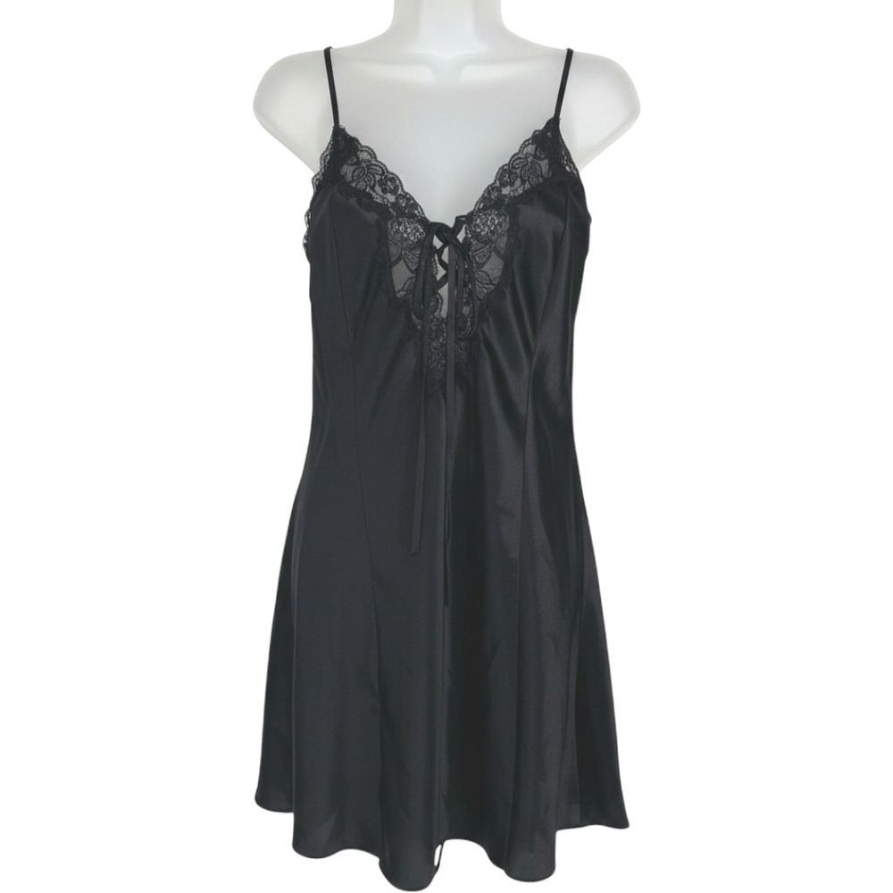 Fredericks of Hollywood Black Satin Lace Up Slip Dress XL Coquette Y2K Corset